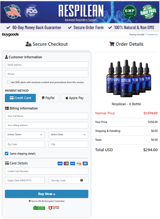 Respilean checkout page